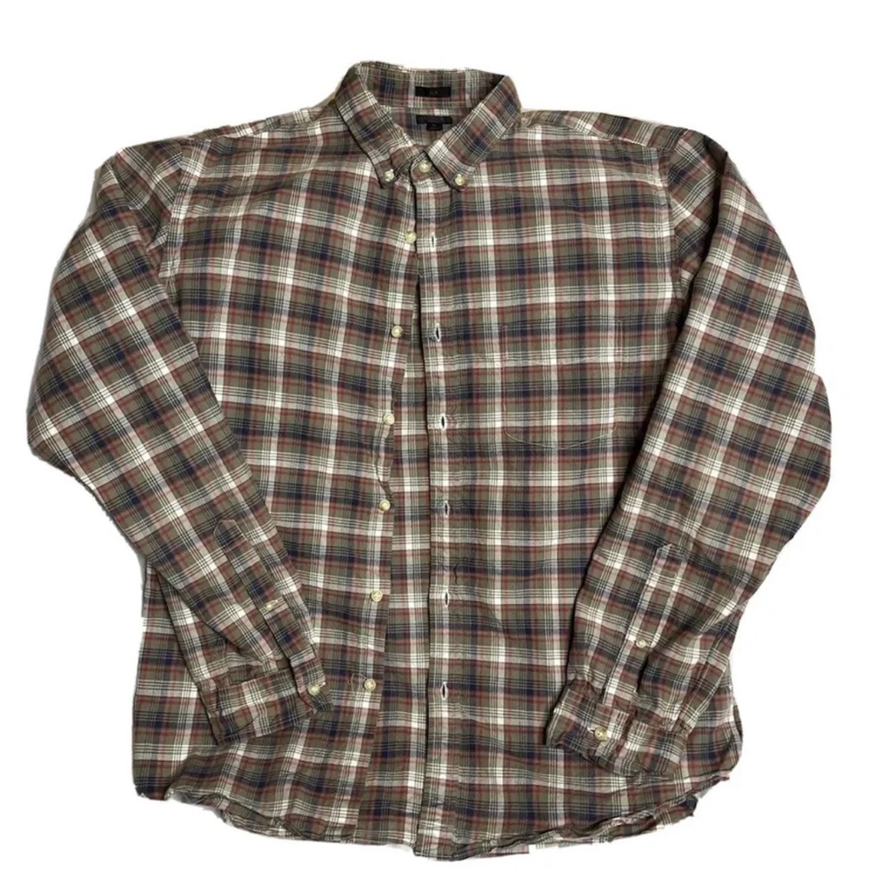 J Crew Plaid Slim Fit Oxford 100% Cotton Flannel Shirt Blue Brown Mens Sz XL